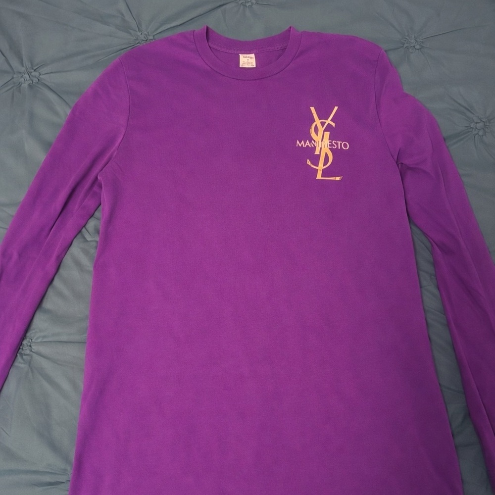 Yves Saint Laurent Purple Long Sleeve Logo Tee with Gold Accent